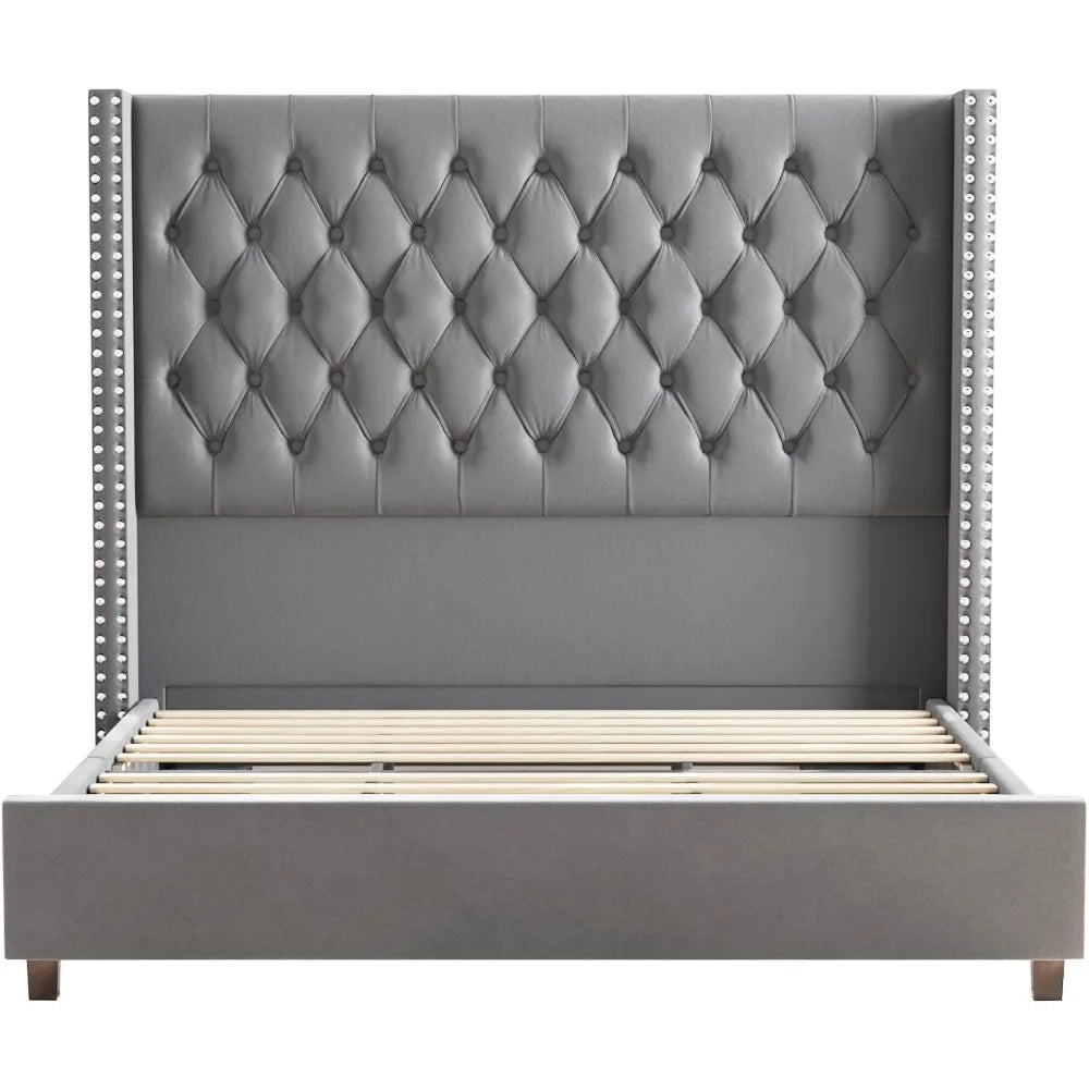 Velvet Upholstered Bed Frame King Size 61.4" Tall Headboard King Bed Frame/Deep Button Tufted/No Box Spring Needed/Grey Beds