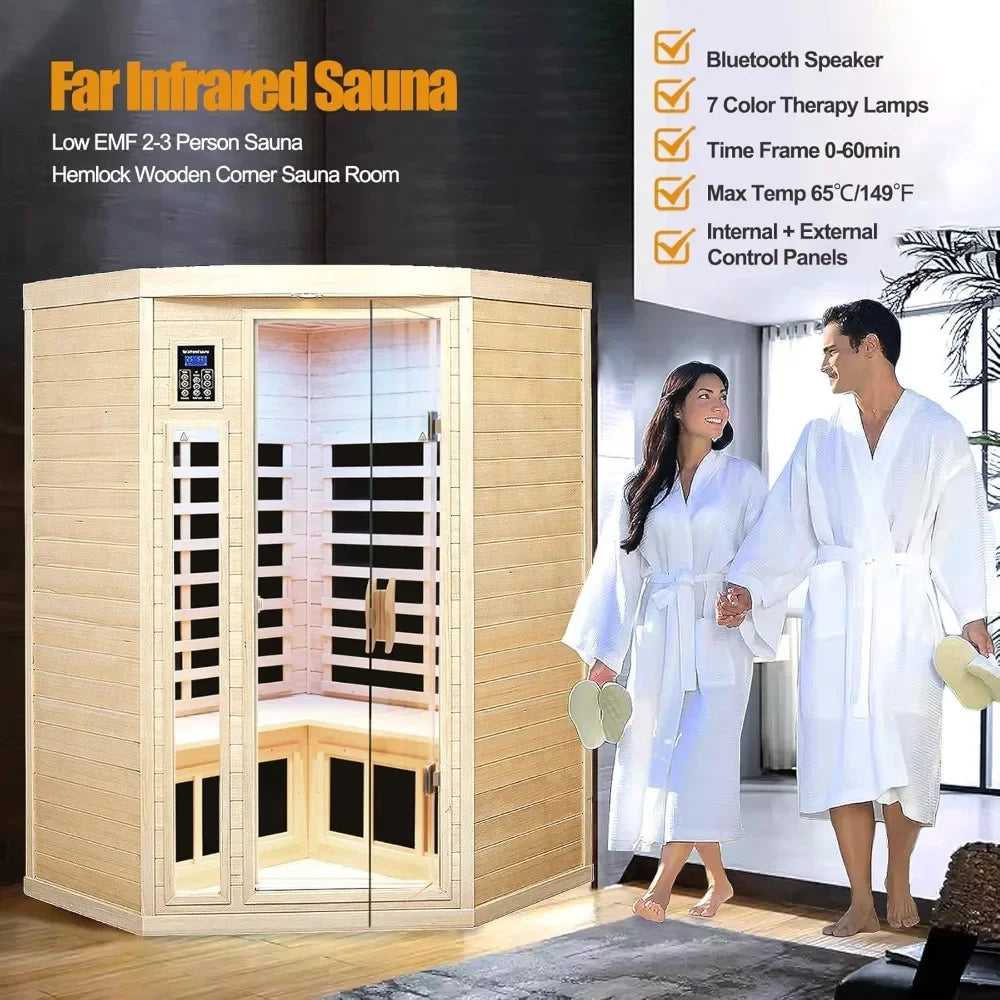 Sauna Room,Canadian Hemlock Indoor Corner Sauna Spa,7 Low EMF Heaters,2 LED Reading Lamp and 3 Chromotherapy Lights, 1600W