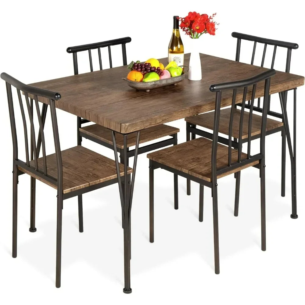 Metal and Wood Indoor Modern Rectangular Dining Table Furniture Set for Kitchen, Dining Room, Dinette,Breakfast Nook w/ 4 Chairs