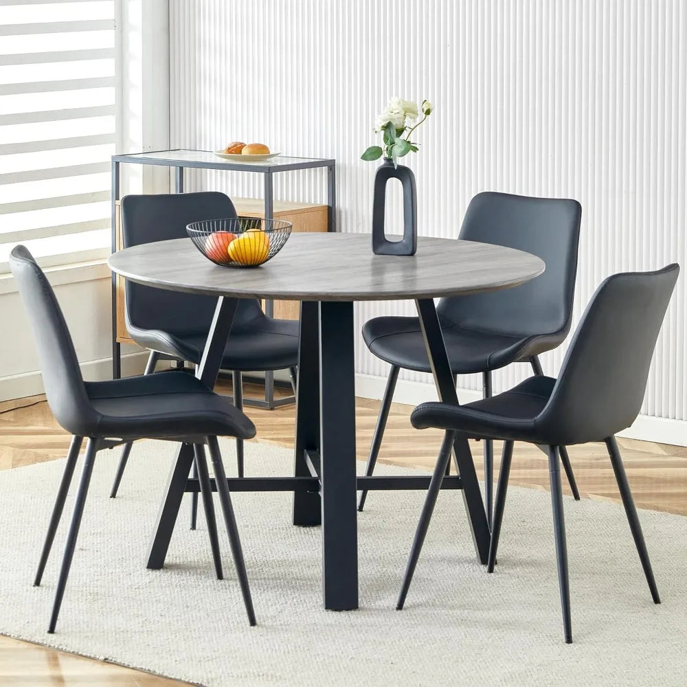 Round Dining Table Set,Modern Kitchen Dinings Tables andChairs Set for4,Upholstered PU Leather Chairs,Wood Dining Furniture Sets