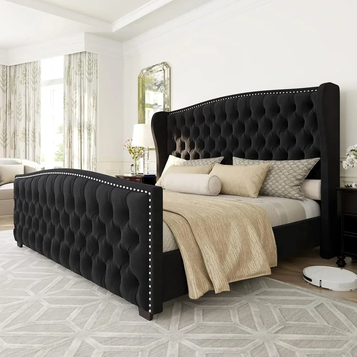 King Size Platform Bed Frame, Velvet Upholstered Bed with Deep Button Tufted & Nailhead Trim Wingback Headboard