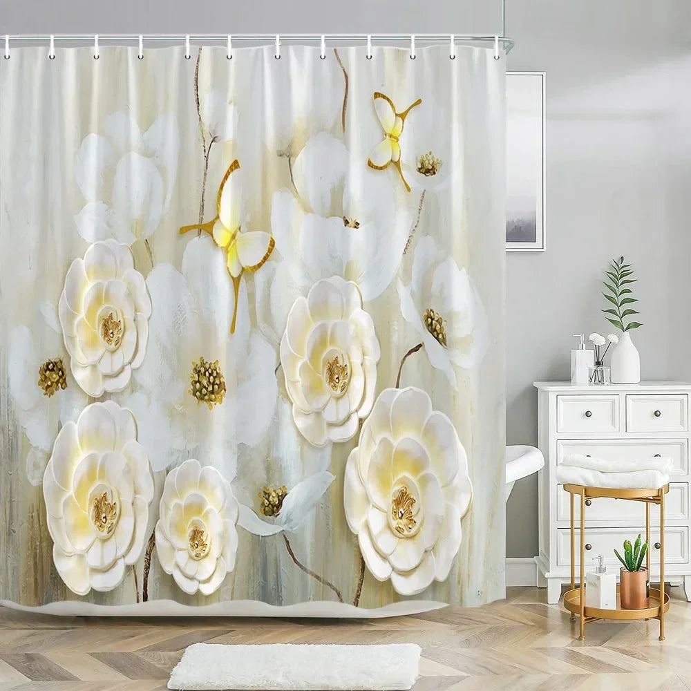 Elegant Bouquet of Fantastic White Flowers 3D Style Shower Curtain Bathroom Curtain with Bath Rug Carpet Set Floral Home Decor