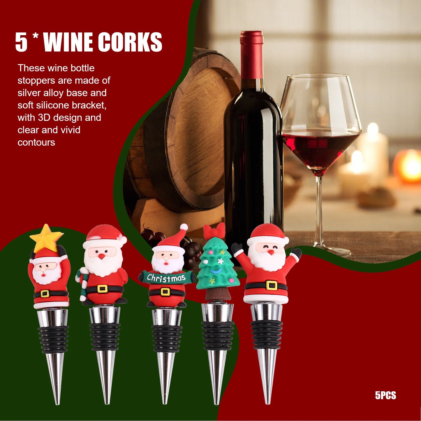 5 PCS Wine Bottle Stopper,Wine Stopper,Christmas Decorative Wine Saver, Reusable Wine Corks Beverage Bottle Stoppers