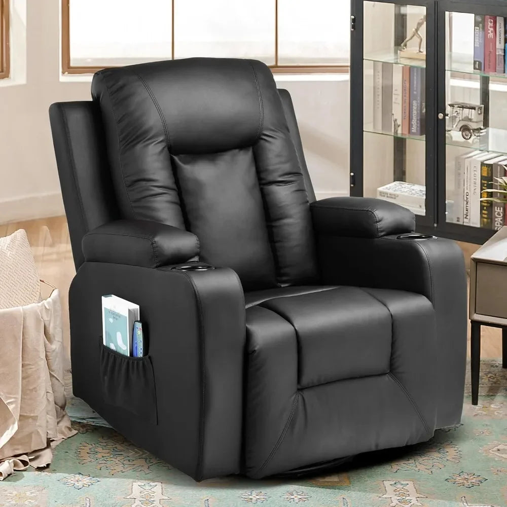 Recliner Chair,PU Rocking Chair for Adults, Swivel Recliner with Cup Holders,for Living Room, Bedroom (Black),Living Room Chairs