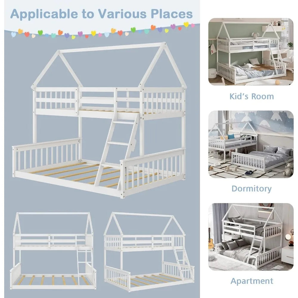 Twin Over Full Bunk Bed, Solid Wood House Bed Frame Built in Ladder & Safety Guardrails, Convertible to 2 Beds, Floor Bunk Bed