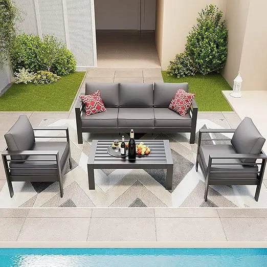 Aluminum Patio Furniture Set, Outdoor Sectional Metal Sofa with Coffee Table , 6 Pieces Modern Patio Conversation Sets