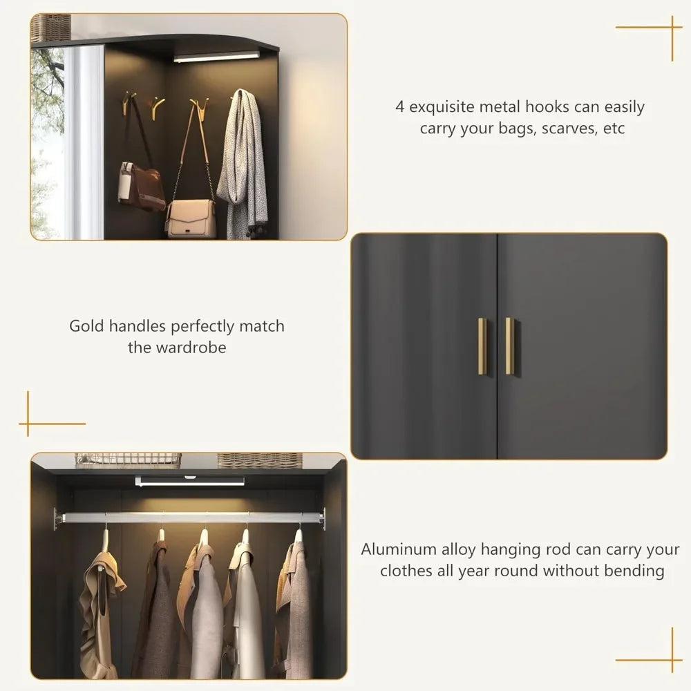 Wardrobe Closet with Mirror and Sensor Light, Armoire with 5 Doors 2 Drawers, Modern Wooden Large Wardrobe Closet with Shelves