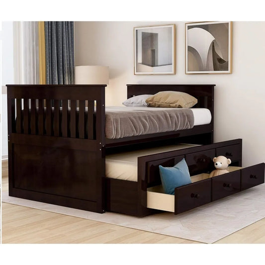 Twin Captain’s Bed Storage daybed with Trundle and Drawers for Kids Guests (Espresso)