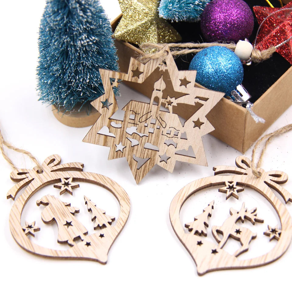 6PCS Christmas Wooden Pendants Hollow Ball Star Hanging Ornaments for Christmas Tree Decor Kids Gifts DIY Paingting Wood Crafts