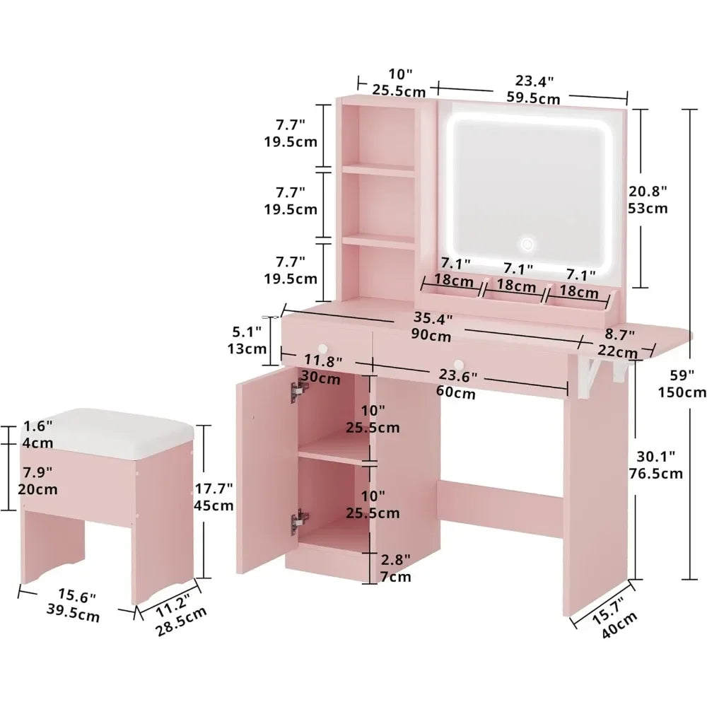 Vanity Desk with LED Lighted Mirror & Power Outlet, Makeup Table with Drawers & Cabinet,Storage Stool,for Bedroom, Dressers