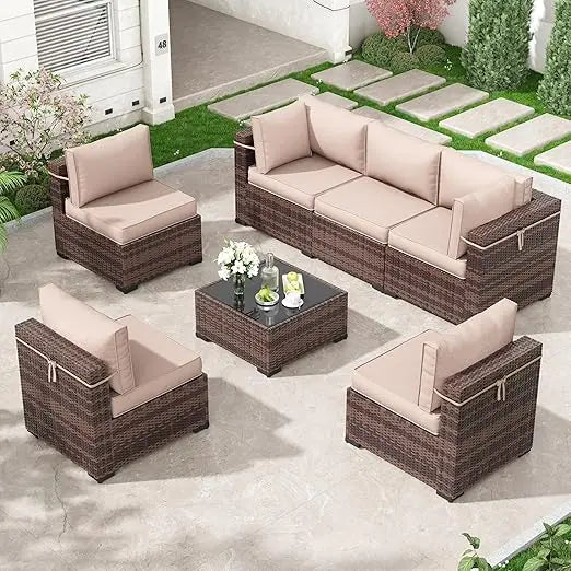 7 Pieces Patio Furniture Set,Patio Couch with Glass Coffee Table for Backyard Garden,OutdoorFurniture Sectional Rattan Sofa Sets