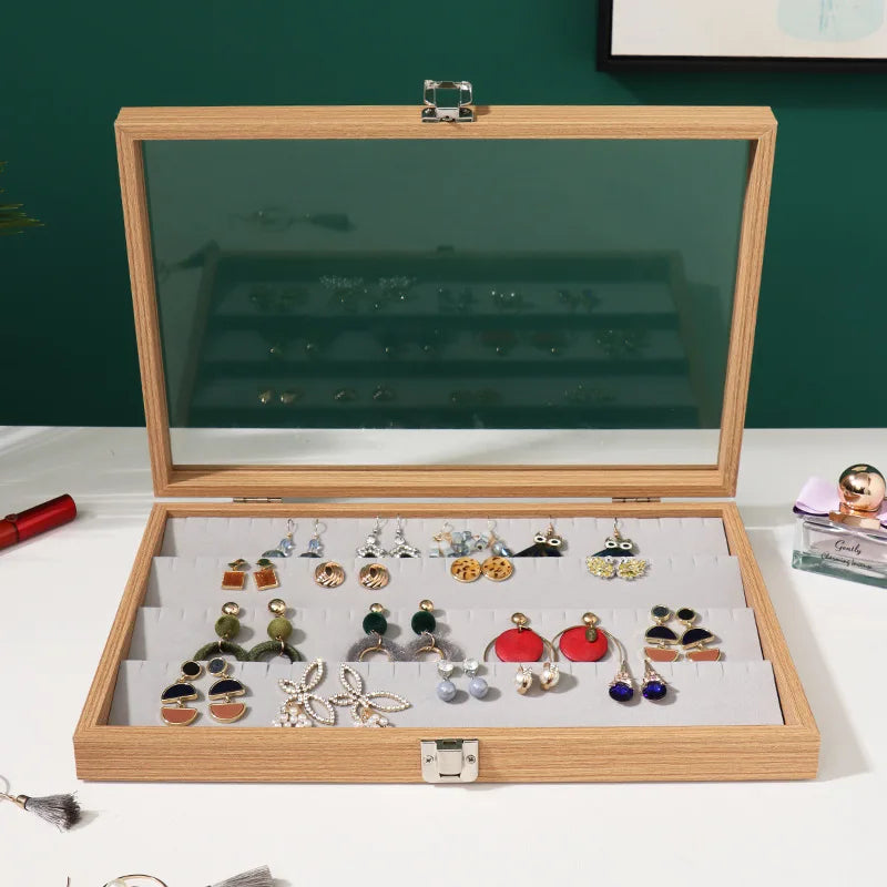 Wooden Jewelry Organizer Box With Glass  Lid For Earrings Necklace Storage Stand Case Ring Display Holder Showcase