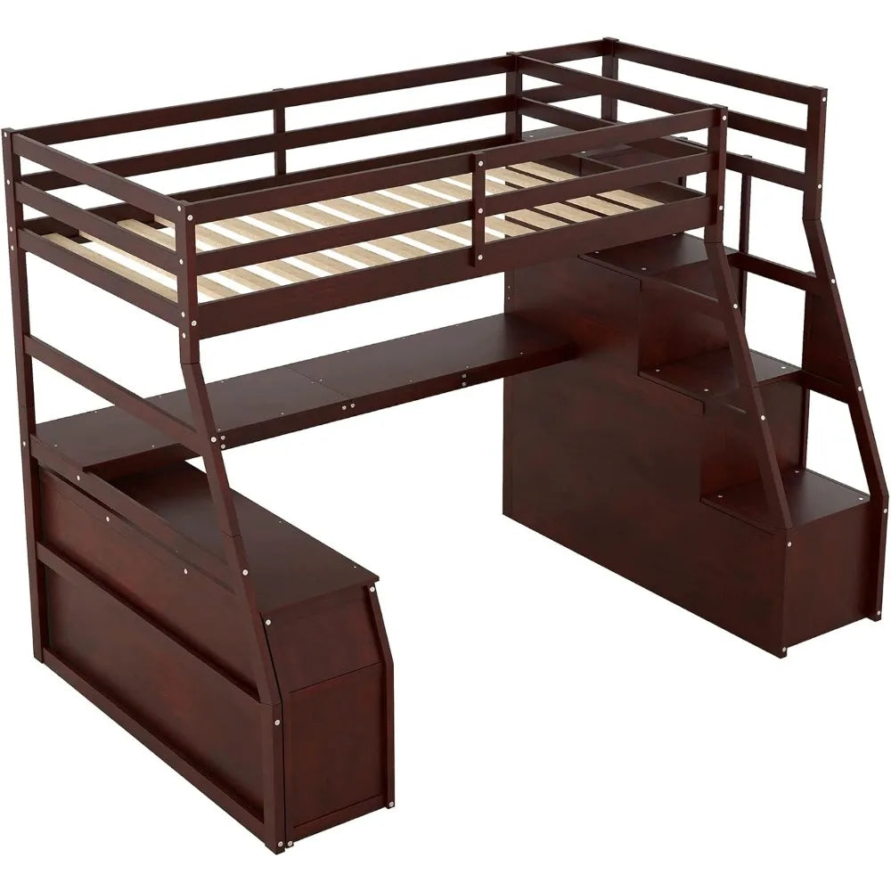 Loft Bed, with Stairs and Desk, with Storage 7 Drawers 2 Shelves, for Kids Teens Adults ,Solid Wood Loft Bed Frame