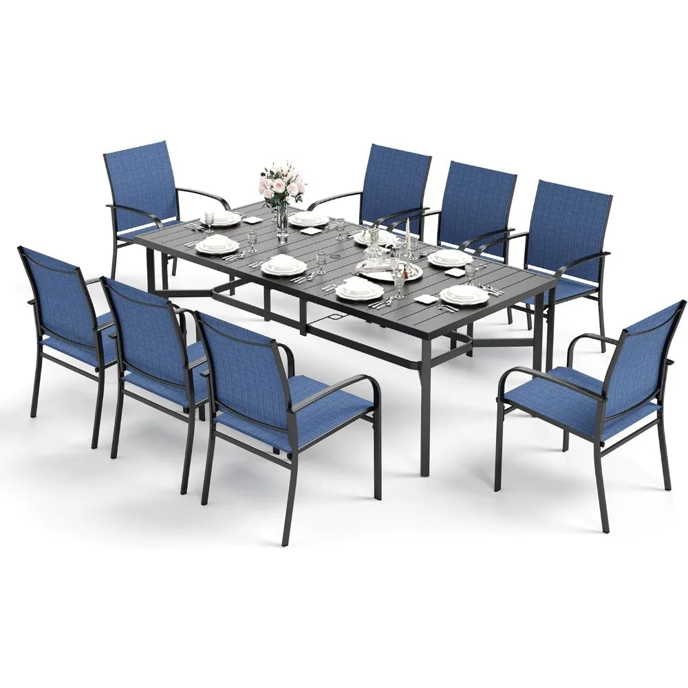 9 Pieces Patio Dining Set, 8 X Textilene Patio Chairs and 1 X 83 Large Rectangle Dining Table,Outdoor Furniture Set