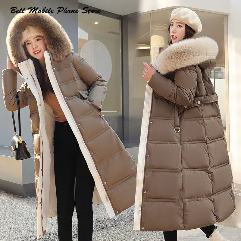 Long Parker Coat Jacket 2024 Women Autumn Winter Thick Warm Coats Woven Block Trend Hooded White Black Korean Coat Parkas