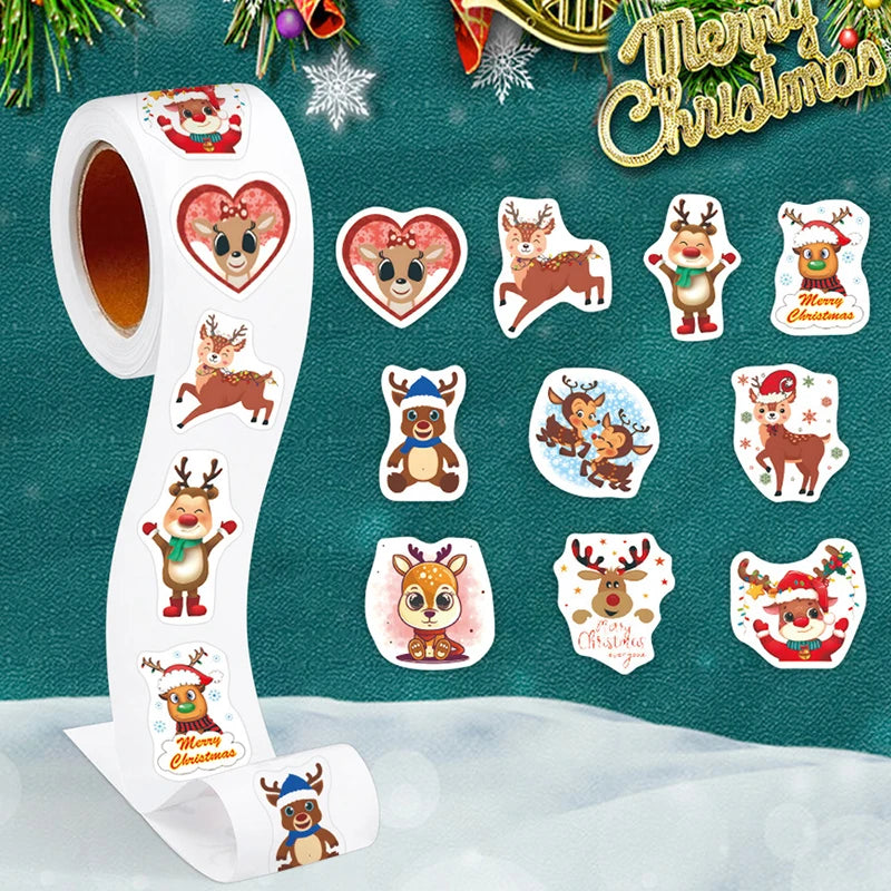 500Pcs/Roll Heterotypic Christmas Elks Reindeers Stickers 10 Designs 2.5cm/1.0'' Beautiful Merry Christmas Decals DIY Labels