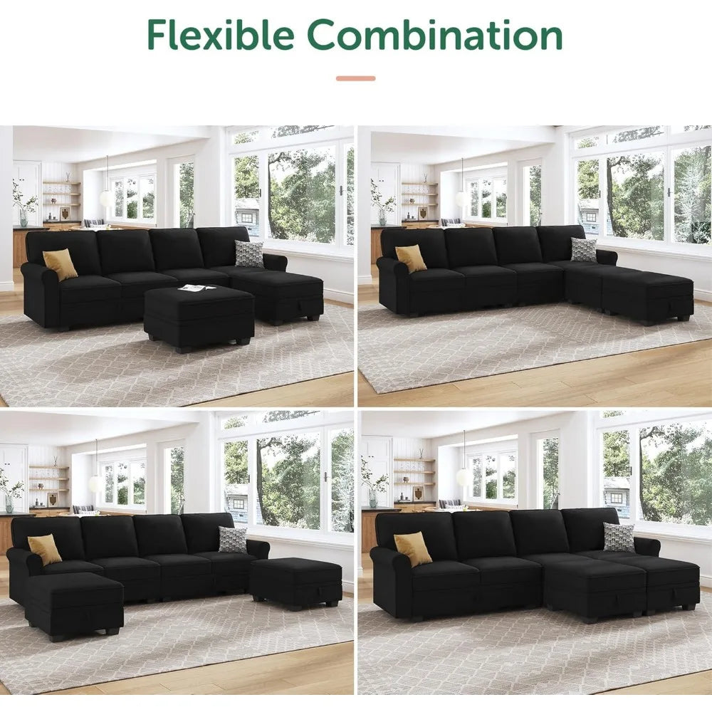 Sectional Sofa with Storage Seat Velvet U Shaped with Reversible Chaise Convertible Sectional Couches for Living Room,Black