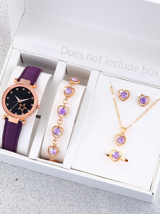 Purple fashion five-pointed star alloy leather women's quartz watch and purple hollow necklace set birthday gift wear pieces