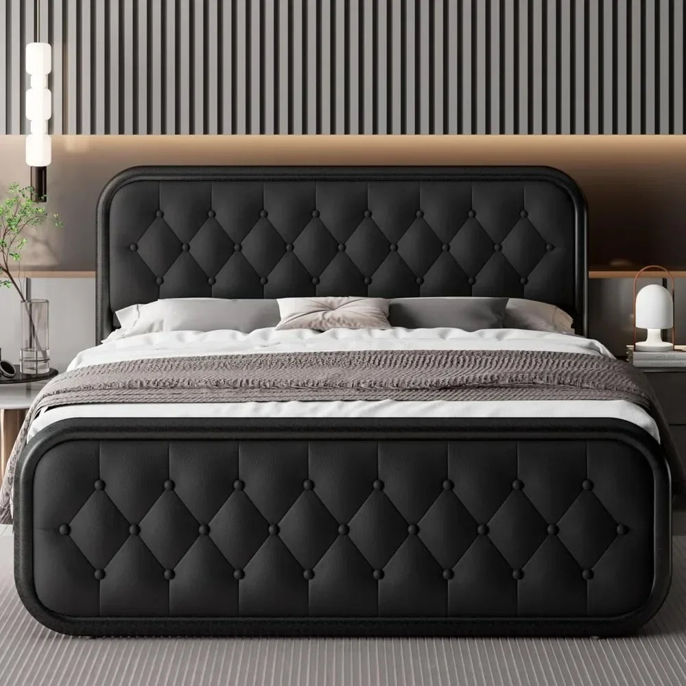 Queen Bed Frame, Heavy Duty Bed Frame with Faux Leather Headboard, Upholstered Beds with Strong Metal Slats, 12" Bed Frame