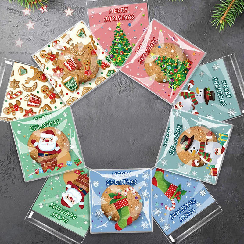 100 Pcs Christmas Cookies Gift Wrapping Bags Self-Adhesive Plastic Candy Bags Christmas Party Decor Supplies Baking Packaging