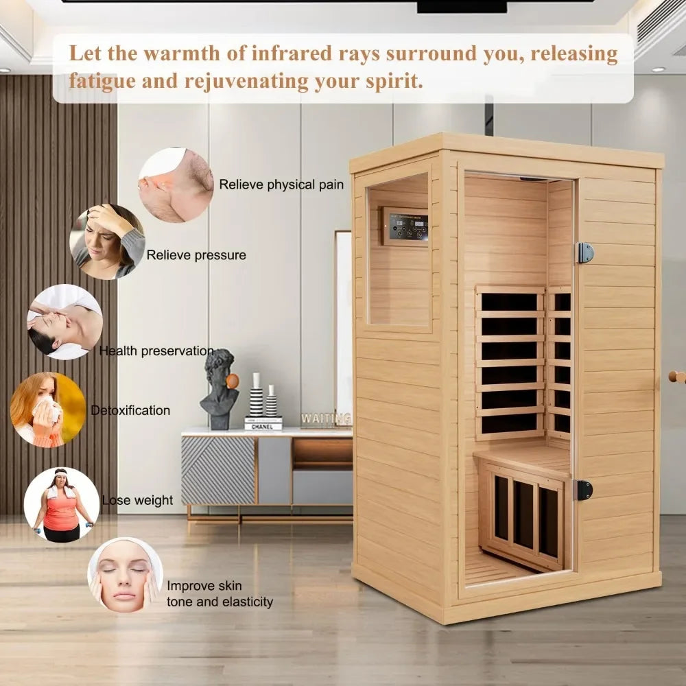 1 Person Far Infrared Sauna for Home, with 1050W Indoor Saunas, Low EMF Heaters, 2 Bluetooth Speakers, Hemlock Wood Sauna Room