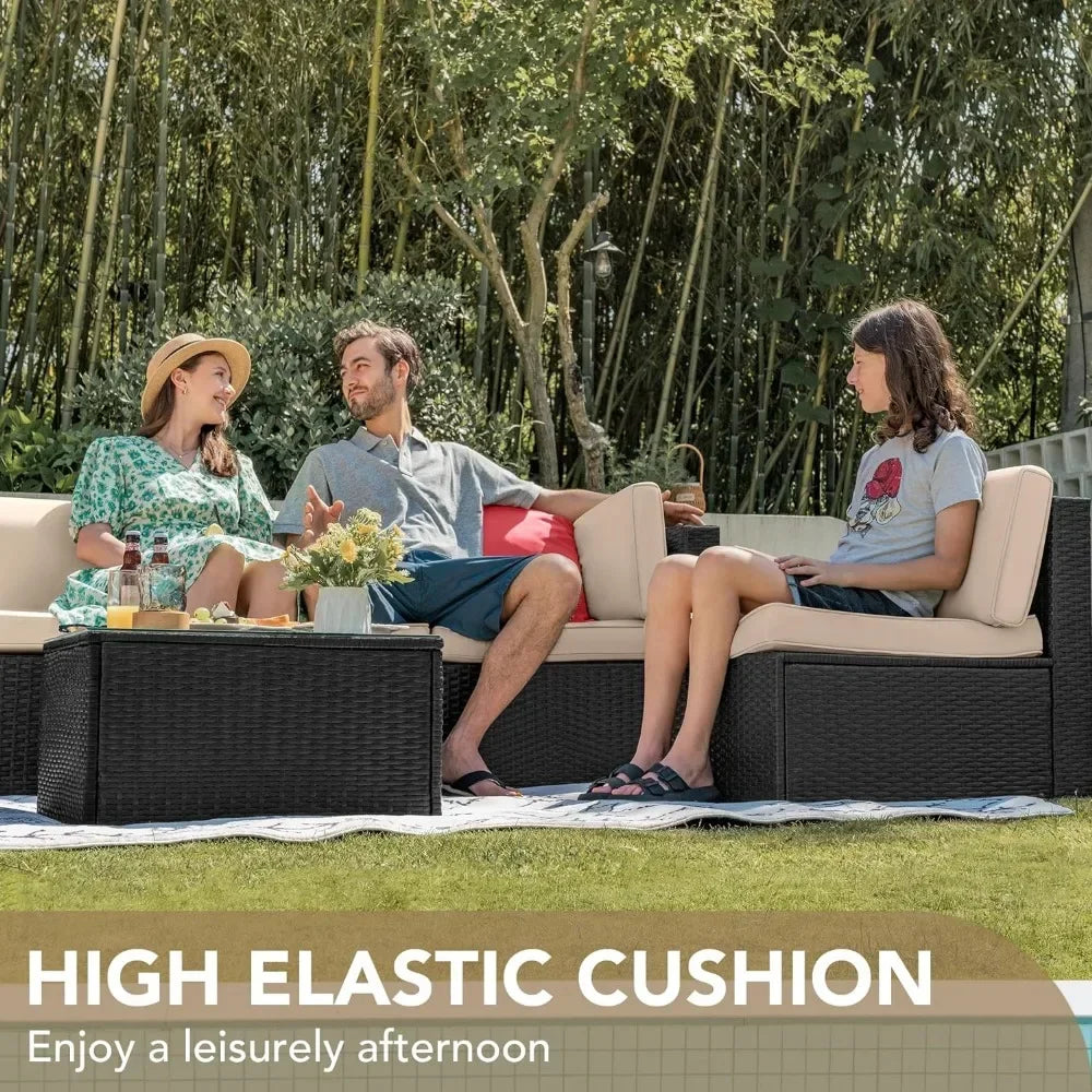 Outdoor Sofa and Patio Furniture Sets, Manual Weaving, Wicker Rattan, Patio Conversation Sets with Cushion and Glass Table 7 PCs