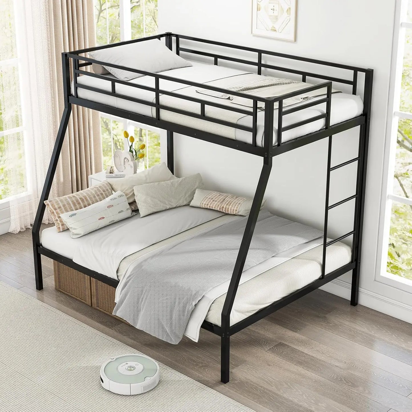 Bunk Bed with Trundle, Heavy-Duty Metal Bunk Bed Frame with Guardrail & 2 Ladders, Space-Saving Bunk Bed for Kids/Teens/Adults