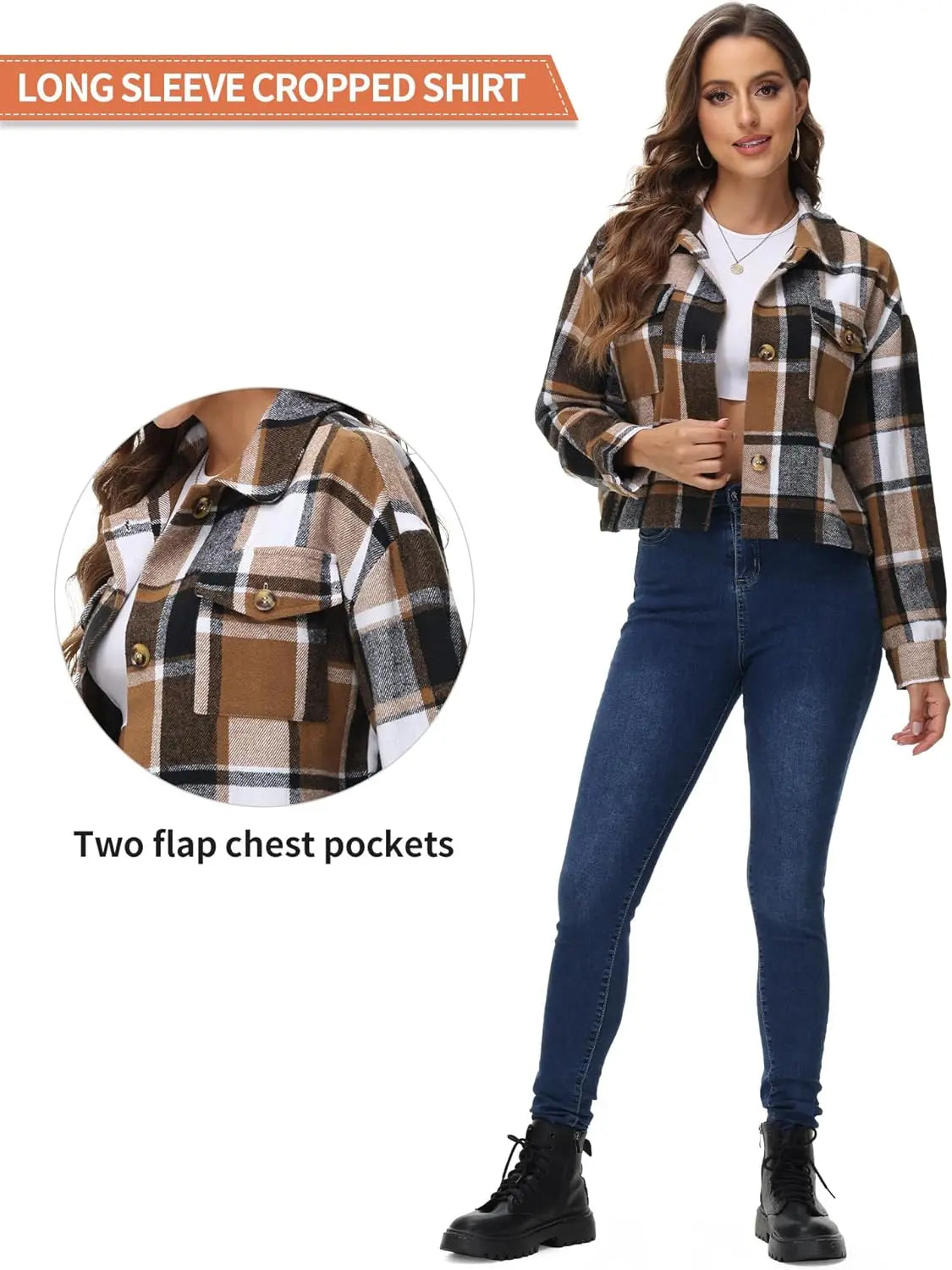 URBEST Women's Oversized Plaid Shacket - Cozy Long Sleeve Button Down Jacket with Pockets, Knee Length/Plus