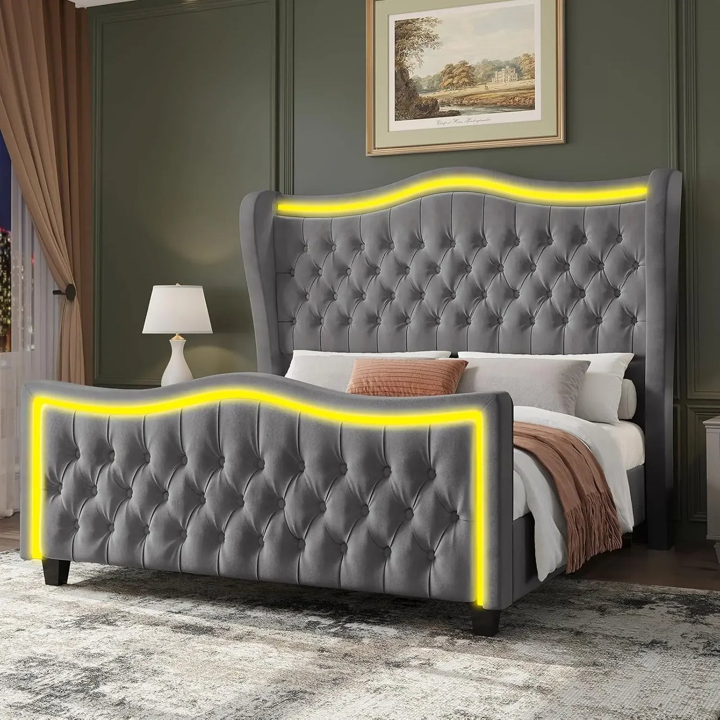 King Size Bed Frame with LED Lights, 53'' Upholstered Platform Wingback Bed with Handmade Deep Button Tufted Headboard Footboard