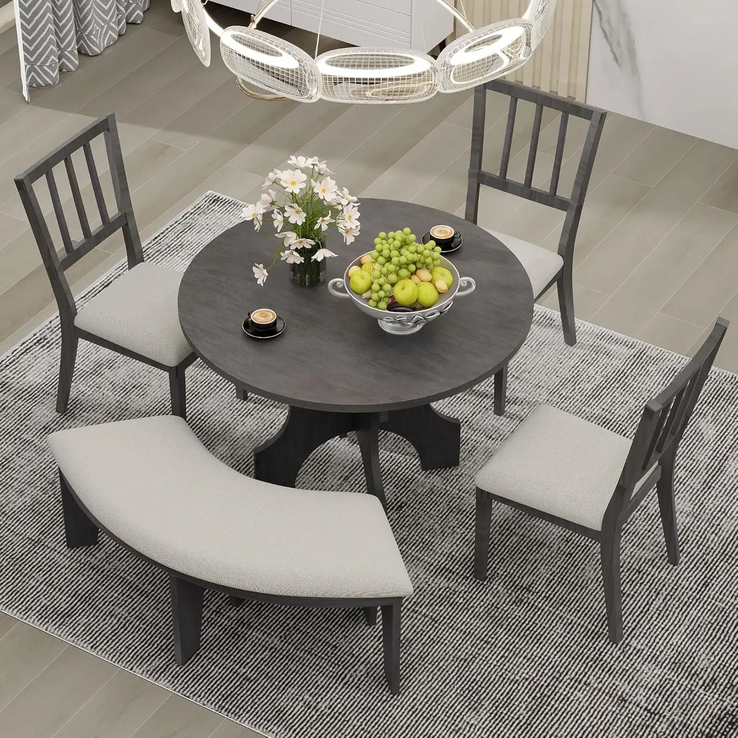 5-Piece Round Dining Table Set for 4 Round Kitchen Table Set with Curved Bench & 3 Chairs Retro Round Dining Room Set