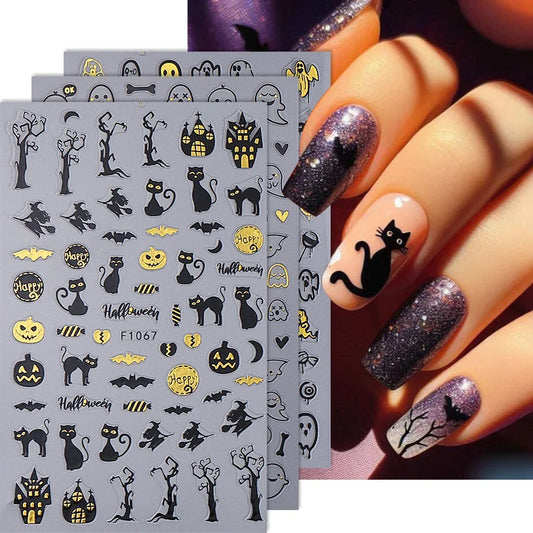 3D Halloween Nail Art Stickers Gold Spider Ghost Cat Pumpkin Design Decals Holographic Nail Art Slider DIY Manicure Decoration