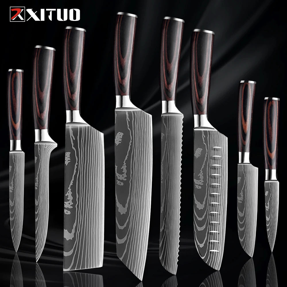 XITUO Kitchen Knife Set 1-9PCS,7Cr17Mov Stainless Steel Sharp Chef Knife Santoku Knife Fruit knife Ergonomic Pakkawood Handle