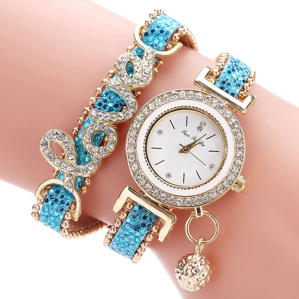 hot sale fashion love style rhinestone wrap leather women wrist watch