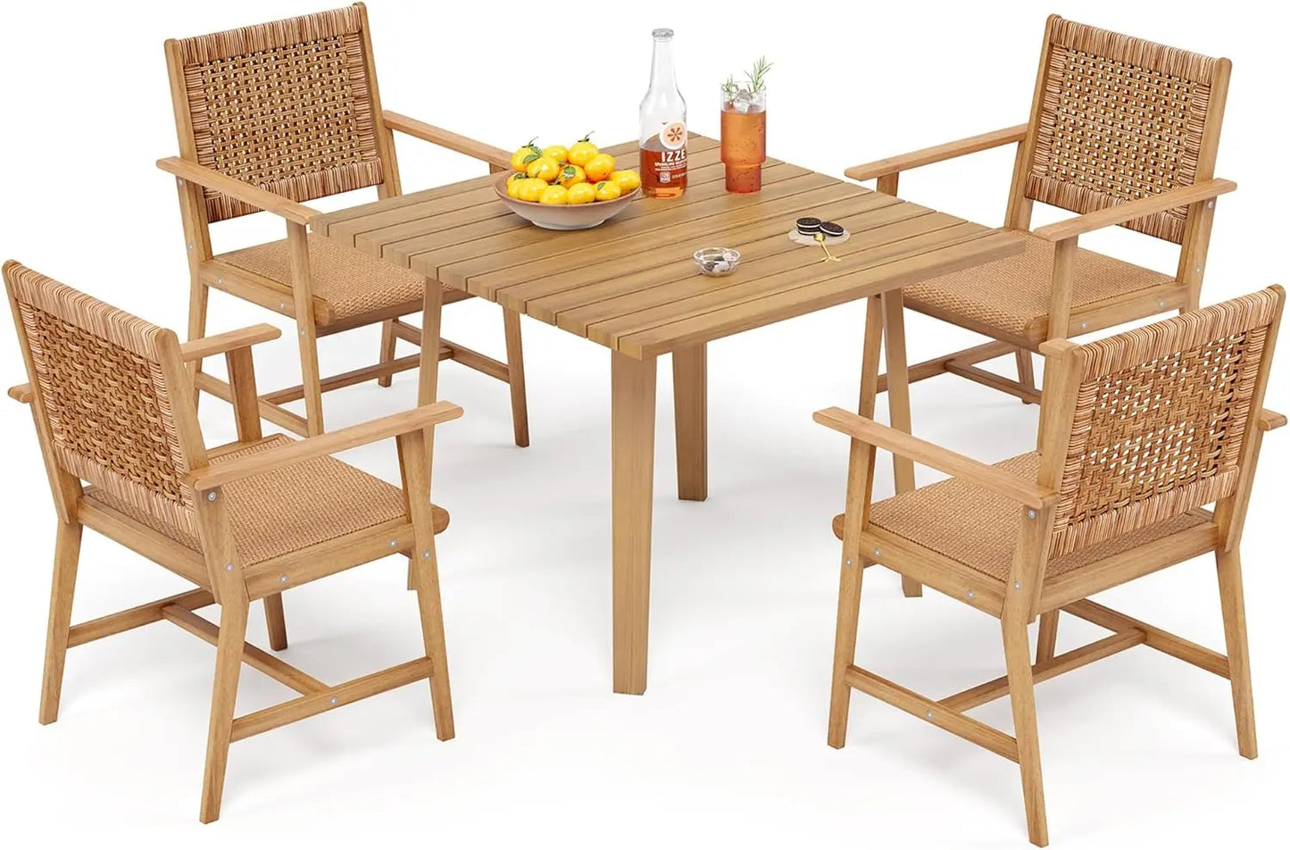 9 PCS Wood Outdoor Dining Set for 8, Teak Rectangle Wooden Table & Dining Chairs with Wicker Seat and Back, Dining Furniture Set