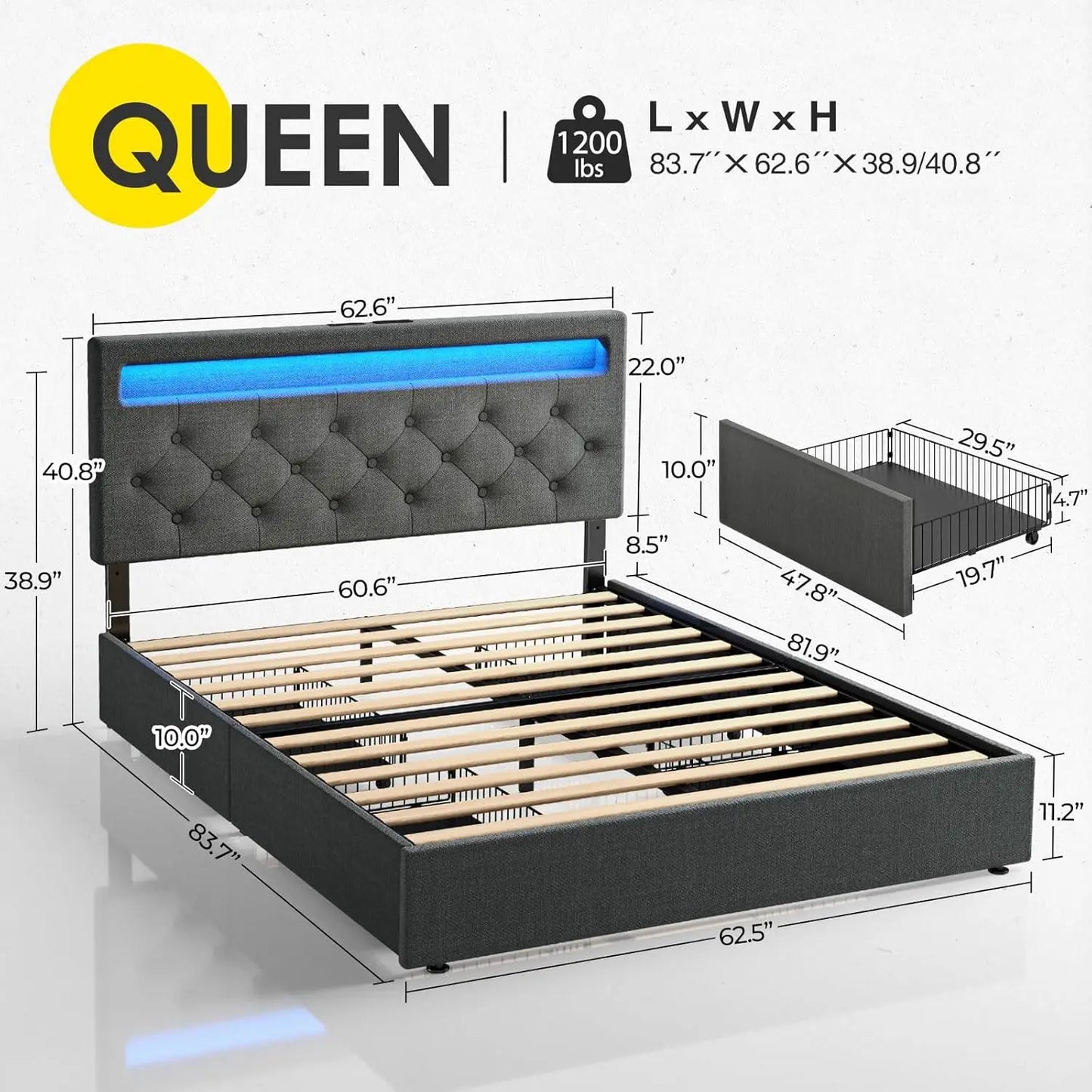 Queen Size Bed Frame with Charging Station and LED Lights, Upholstered Bed with Adjustable Headboard and 4 Storage