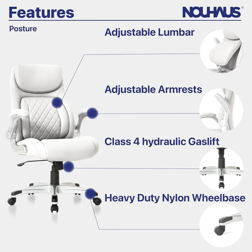 Posture Ergonomic PU Leather Office Chair. Click5 Lumbar Support with FlipAdjust Armrests. Modern Executive Chair  (White)