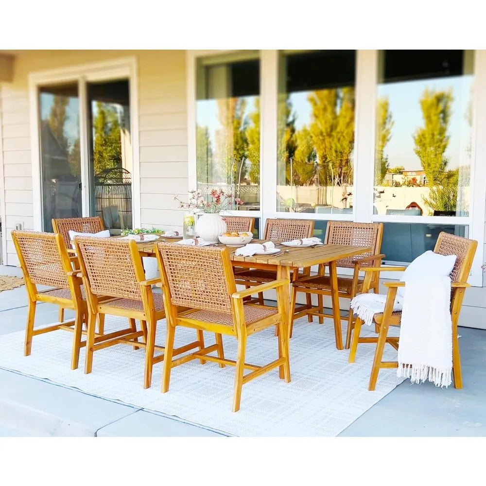 9 PCS Wood Outdoor Dining Set for 8, Teak Rectangle Wooden Table & Dining Chairs with Wicker Seat and Back, Dining Furniture Set