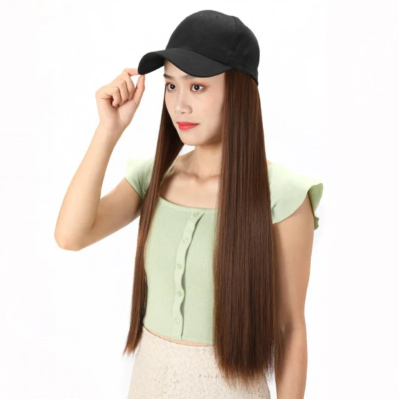 Synthetic Wig Fashionable One-piece Matte Silk Natural Long Straight Hair Baseball Cap Hood Hat Black Brown Ladies Daily Wear