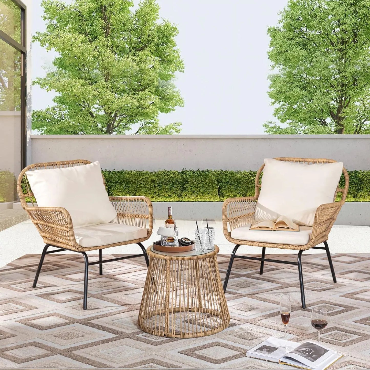 7 Piece Patio Furniture Sets with Egg Chair, Small Outdoor Bistro Chair Conversation Sofa Set w/Coffee Table & Ice Bucket