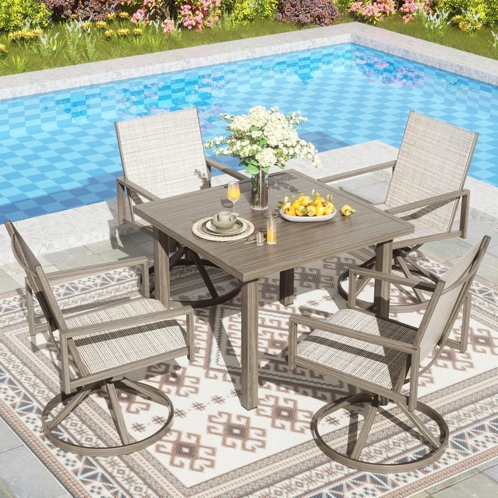 Patio Swivel Dining Set, 4-Piece Mesh Sling High Back Chairs,1-Piece Square Woodgrain Steel Dining Table ,Garden Furniture Sets