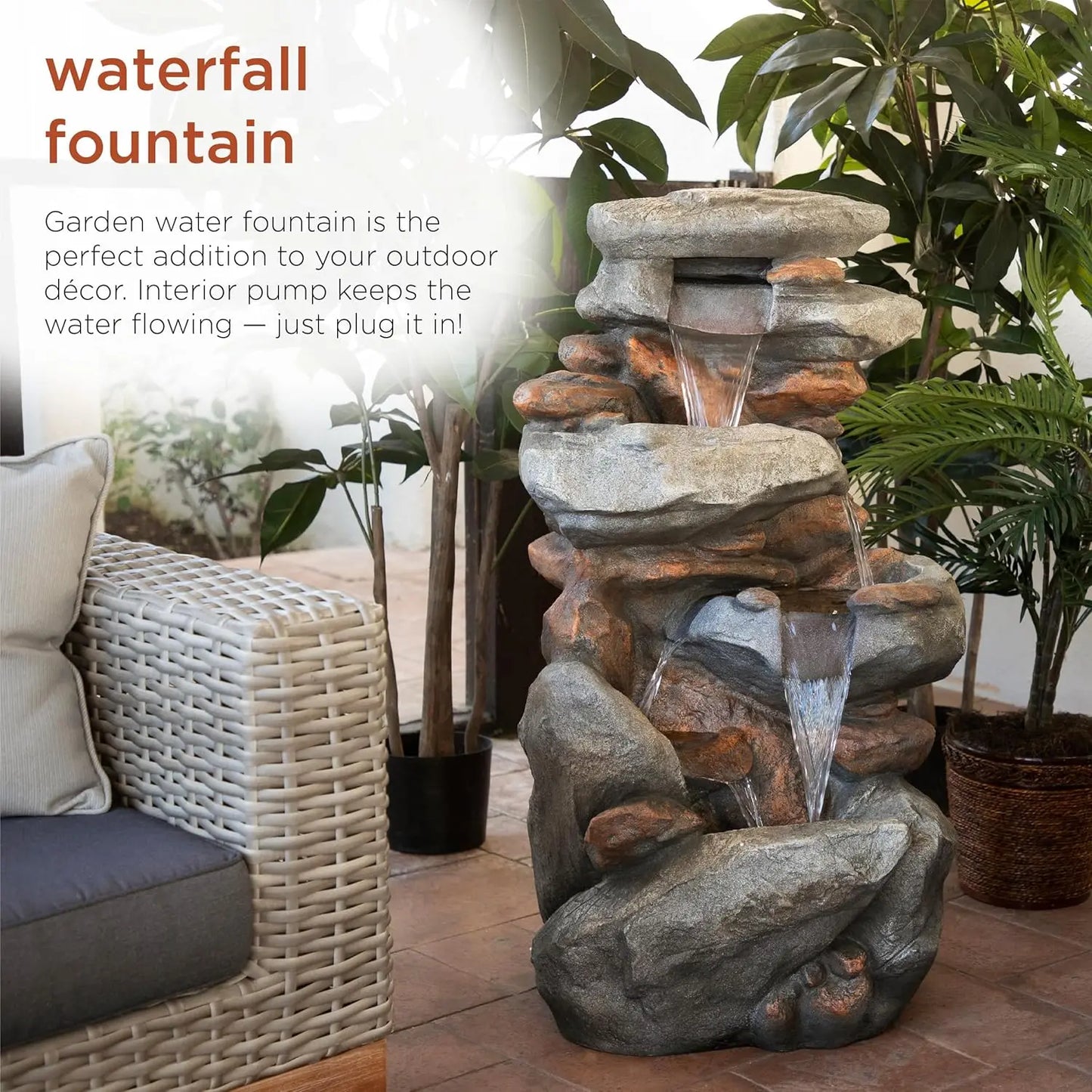 WIN316 4-Tiered Outdoor Floor Rock Water Fountain for Garden or Patio with Natural Stone Look, Light Gray