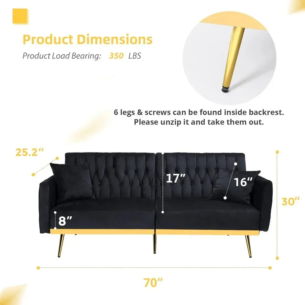 Velvet Futon Sofa Bed with 2 Pillows and Adjustable Armrests, Convertible Sleeper Bed, Living Room Sofa