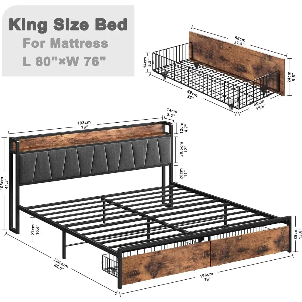 King Size Bed Frame, Storage Headboard with Charging Station, Platform Bed with Drawers, No Box Spring Needed, Easy Assembly