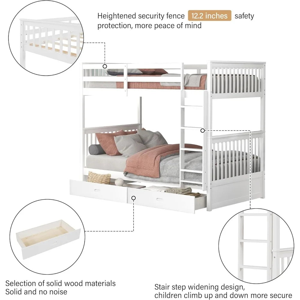 Wood Bunk Bed ,with Ladders and Two Storage Drawers,Solid Woods Detachable with Ladders,Convertible Wood Bunk Bed