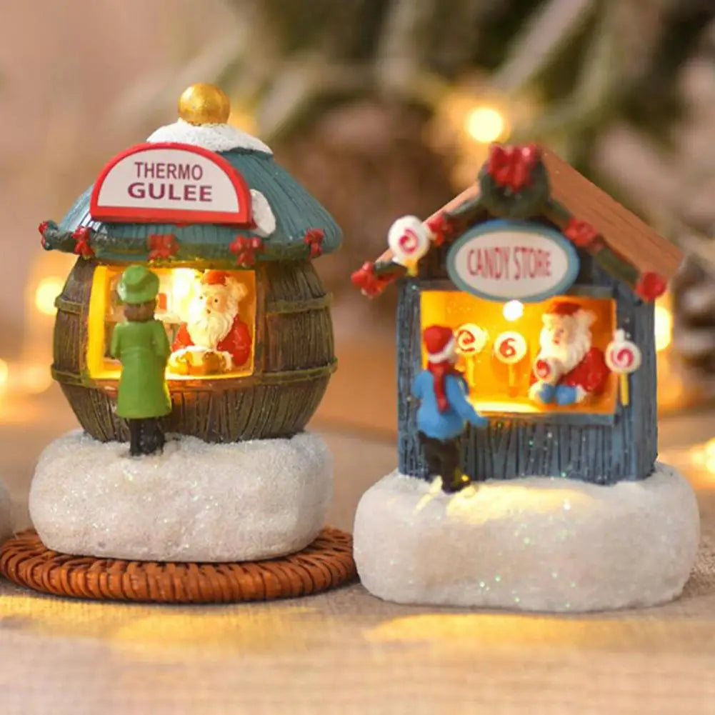 Mini Light-up Christmas Shop with Santa Christmas Winter Village House Ornaments Resin Desktop Figurine Holiday Home Decor