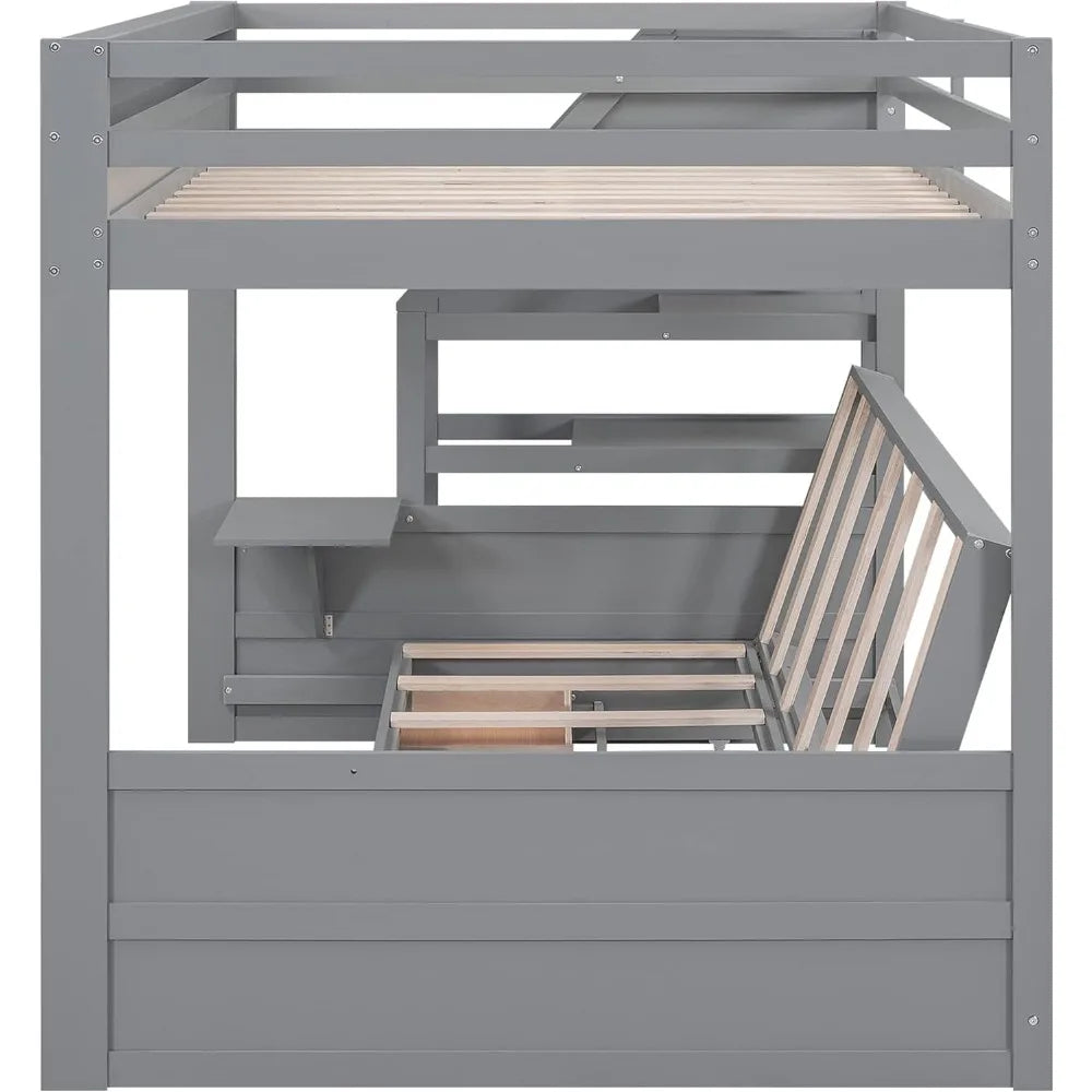 Bunk Bed, with Couch ,Convertible Bunks Beds Full Size with Stairs ,Bedside Table & 3 Drawers ,Wood Futon Bunk Bed Frame