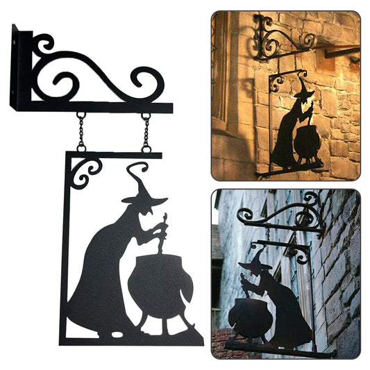 Hanging Metal Vintage Witch Shape Cast Iron Garden Corner Sign Mysterious Witch Statue Ghost Doorframe Halloween Decoration