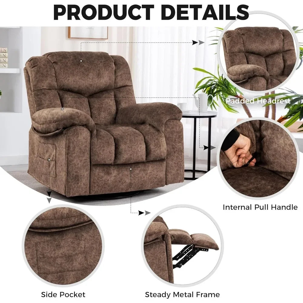 360°Swivel Vibrating Massage Fabric 22.8in Wide Recliner Chair with USB Port for Adults Living Room,Brown,Living Room Chairs