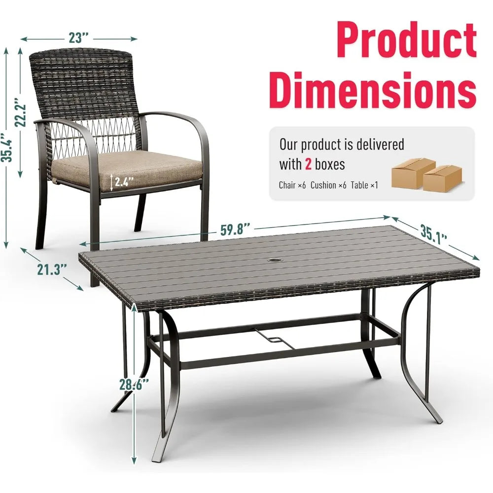 7 Piece Patio Dining Set,for Backyard Garden Deck Poolside/Iron Slats Table Top, Removable Cushions,Outdoor Wicker Furniture Set