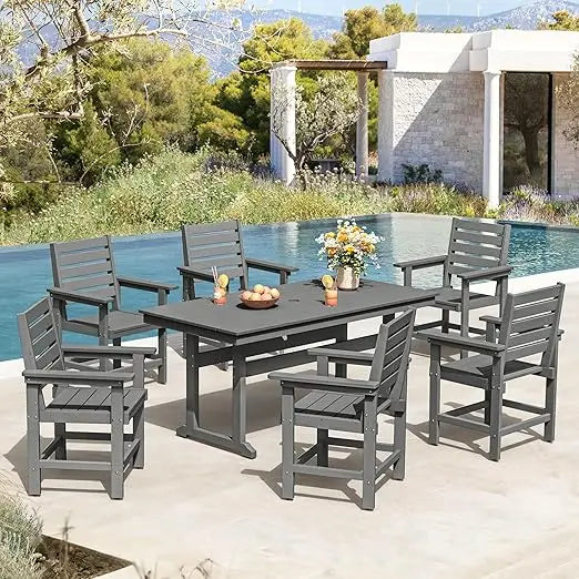 Patio Table and Chairs Set 7 Pieces, with Umbrell Hole, with 6 Patio Chairs, Weather Resistant Outdoor Dining Sets